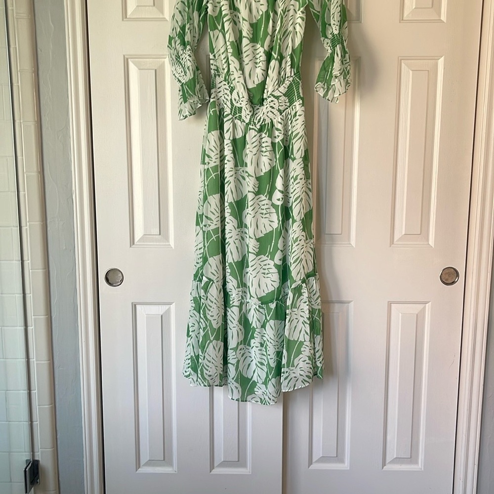 Chico's Green and White Ruched Puff Sleeve Sundress
